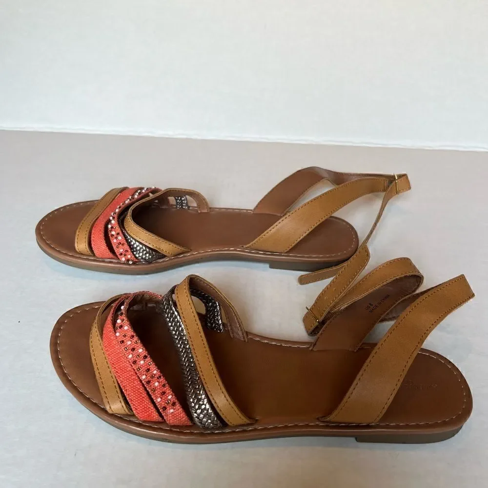 American Eagle Outfitters Sandals 8 flat orange and tan ankle strap